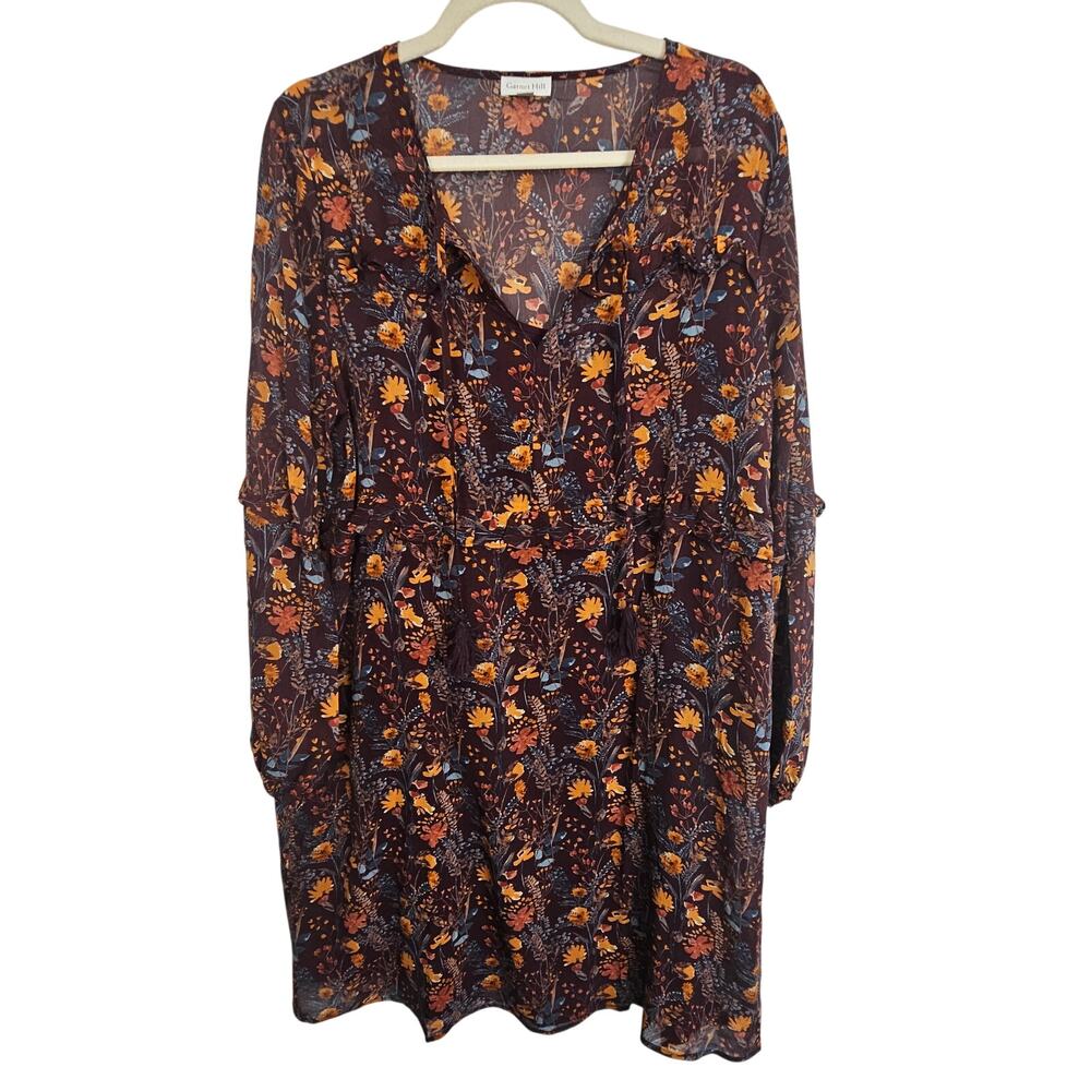 Garnet Hill Womens Silk Dress Autumn Floral Boho Peasant Cottage Size M Romantic
